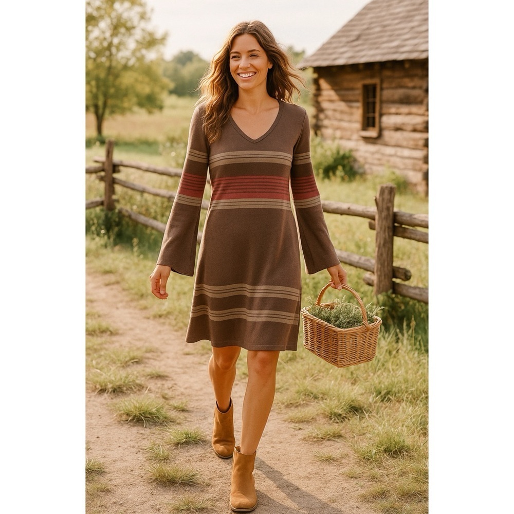 Prana Brown Pink Stripe Knit Dress Sz M Cotton Blend A Line Boho Soft‎ Academia